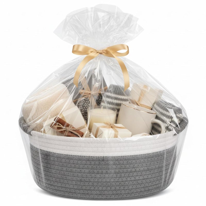 Colingmill Valentine's Day Woven Gift Basket with Gift Bags and Ribbons 12"x8"x5" Empty Cotton Rope Storage Basket for Birthdays, Baby Showers, Wedding DIY Presents(White,Grey) - Image 3